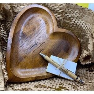 Wooden Heart Shaped Prayer Bowl Tray Prayer Cards & Bamboo Ink Pen Scripture